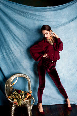 beauty rich brunette woman in luxury interior near empty frames, vintage elegance brunette stylish