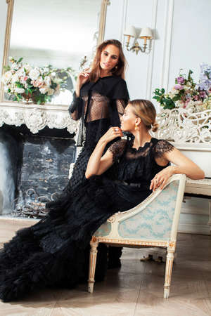two young pretty lady in black lace fashion style dress posing in rich interior of royal hotel room,...