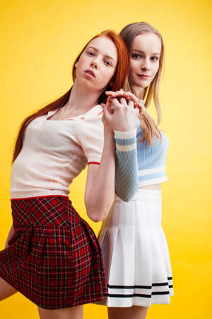 lifestyle people concept: two pretty young school teenage girls having fun happy smiling on yellow backgroundの写真素材
