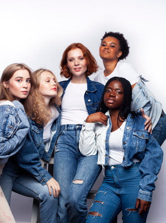 diverse multi nation girls group, teenage friends company cheerful having fun, happy smiling, cute posing isolated on white background, lifestyle people concept, african-american, asian and caucasianの写真素材