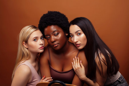 young pretty asian, caucasian, afro woman posing cheerful together on brown background, lifestyle diverse nationality people conceptの写真素材