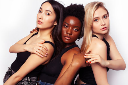 diverse multi nation girls group, teenage friends company cheerful having fun, happy smiling, cute posing isolated on white background, lifestyle people concept, african-american, asian and caucasianの写真素材