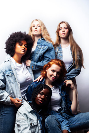 diverse multi nation girls group, teenage friends company cheerful having fun, happy smiling, cute posing isolated on white background, lifestyle people concept, african-american, asian and caucasianの写真素材