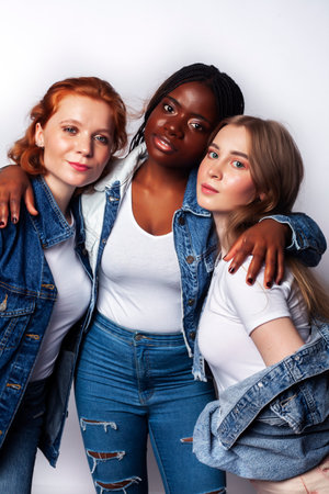 diverse multi nation girls group, teenage friends company cheerful having fun, happy smiling, cute posing isolated on white background, lifestyle people concept, african-american, asian and caucasianの写真素材