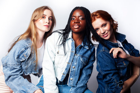 diverse multi nation girls group, teenage friends company cheerful having fun, happy smiling, cute posing isolated on white background, lifestyle people concept, african-american, asian and caucasianの写真素材