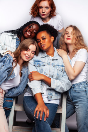 diverse multi nation girls group, teenage friends company cheerful having fun, happy smiling, cute posing isolated on white background, lifestyle people concept, african-american, asian and caucasianの写真素材