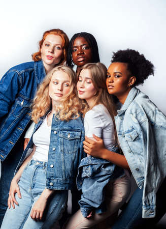 diverse multi nation girls group, teenage friends company cheerful having fun, happy smiling, cute posing isolated on white background, lifestyle people concept, african-american and caucasianの写真素材