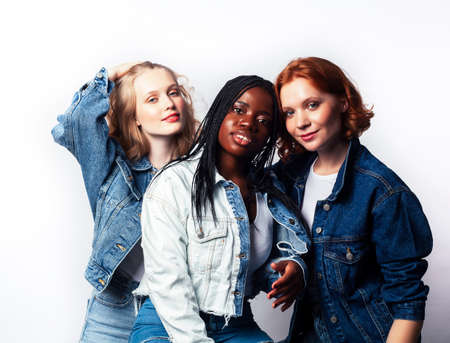 diverse multi nation girls group, teenage friends company cheerful having fun, happy smiling, cute posing isolated on white background, lifestyle people concept, african-american and caucasianの写真素材