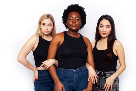diverse multi nation girls group, teenage friends company cheerful having fun, happy smiling, cute posing isolated on white background, lifestyle people concept, african-american, asian and caucasianの写真素材
