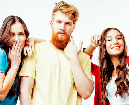 company of hipster guys, bearded red hair boy and girls students having fun together friends, diverse fashion style, lifestyle people concept isolated on white backgroundの写真素材