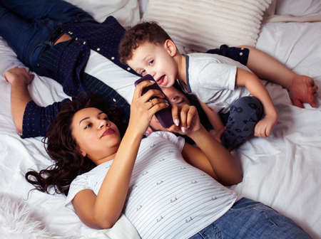 happy smiling family together at home, lifestyle people conceptの写真素材