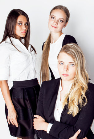 lot of businesswomen happy smiling celebrating success of team victory on work, dress code black and white official, lifestyle real working people conceptの写真素材