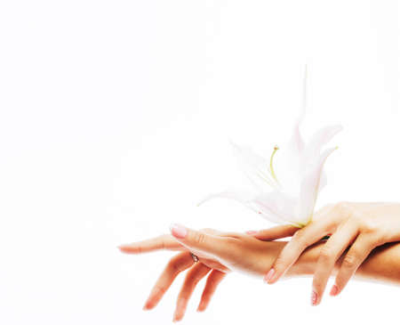 beauty delicate hands with manicure holding flower lily close up isolated on whiteの写真素材