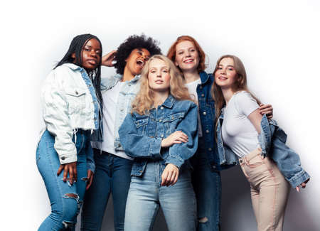diverse multi nation girls group, teenage friends company cheerful having fun, happy smiling, cute posing isolated on white background, lifestyle people concept, african-american and caucasianの写真素材