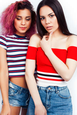 best friends teenage girls together having fun, posing emotional isolated on white background, asian...