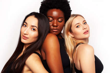 diverse multi nation girls group, teenage friends company cheerful having fun, happy smiling, cute posing isolated on white background, lifestyle people concept, african-american, asian and caucasianの写真素材