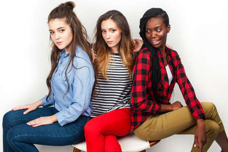 diverse multi nation girls group, teenage friends company cheerful having fun, happy smiling, cute posing isolated on white background, lifestyle people concept, african-american and caucasianの写真素材