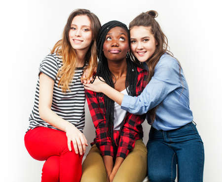 diverse multi nation girls group, teenage friends company cheerful having fun, happy smiling, cute posing isolated on white background, lifestyle people concept, african-american and caucasianの写真素材