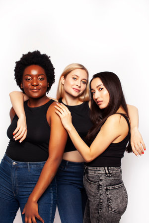 diverse multi nation girls group, teenage friends company cheerful having fun, happy smiling, cute posing isolated on white background, lifestyle people concept, african-american, asian and caucasianの写真素材