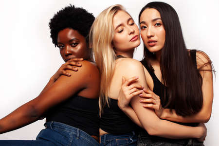 diverse multi nation girls group, teenage friends company cheerful having fun, happy smiling, cute posing isolated on white background, lifestyle people concept, african-american, asian and caucasianの写真素材