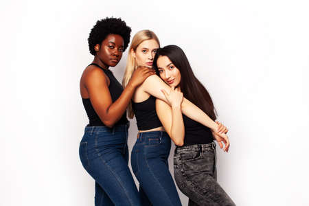 diverse multi nation girls group, teenage friends company cheerful having fun, happy smiling, cute...