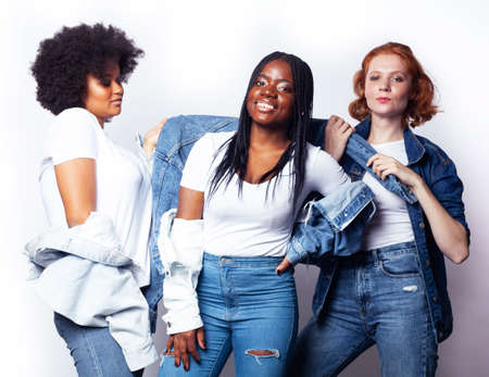 diverse multi nation girls group, teenage friends company cheerful having fun, happy smiling, cute posing isolated on white background, lifestyle people concept, african-american and caucasianの写真素材