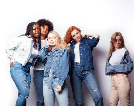 diverse multi nation girls group, teenage friends company cheerful having fun, happy smiling, cute posing isolated on white background, lifestyle people concept, african-american and caucasianの写真素材