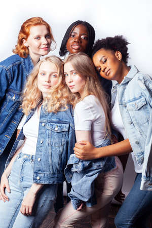 diverse multi nation girls group, teenage friends company cheerful having fun, happy smiling, cute posing isolated on white background, lifestyle people concept, african-american and caucasianの写真素材
