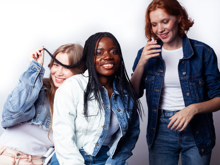 diverse multi nation girls group, teenage friends company cheerful having fun, happy smiling, cute posing isolated on white background, lifestyle people concept, african-american and caucasianの写真素材