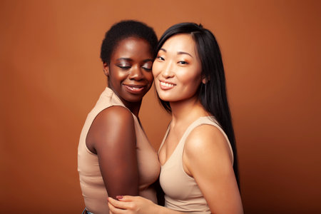 young pretty asian, afro woman posing cheerful together on brown background, lifestyle diverse nationality people conceptの写真素材