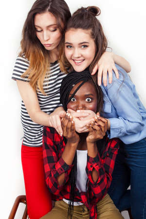 diverse multi nation girls group, teenage friends company cheerful having fun, happy smiling, cute posing isolated on white background, lifestyle people concept, african-american and caucasianの写真素材
