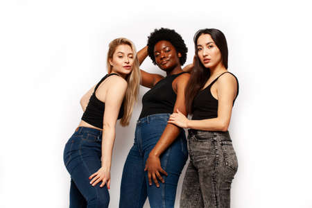 diverse multi nation girls group, teenage friends company cheerful having fun, happy smiling, cute posing isolated on white background, lifestyle people concept, african-american, asian and caucasianの写真素材