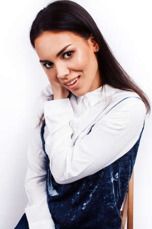 young happy smiling latin american teenage girl emotional posing isolated on white background,...