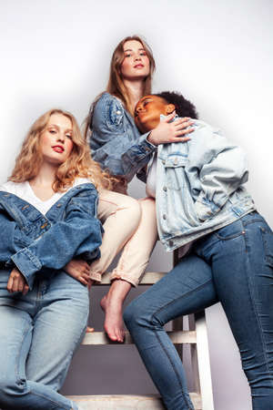 diverse multi nation girls group, teenage friends company cheerful having fun, happy smiling, cute posing isolated on white background, lifestyle people concept, african-american and caucasianの写真素材