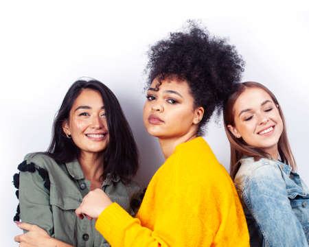 diverse nation girls group, teenage friends company cheerful having fun, happy smiling, cute posing isolated on white background, lifestyle people conceptの写真素材