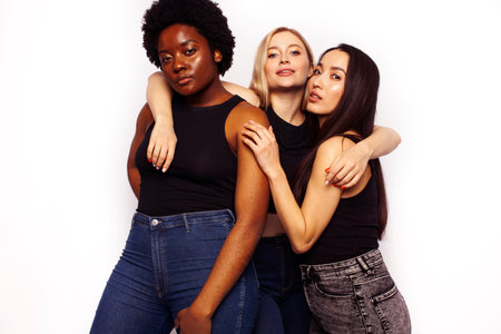 diverse multi nation girls group, teenage friends company cheerful having fun, happy smiling, cute posing isolated on white background, lifestyle people concept, african-american, asian and caucasianの写真素材