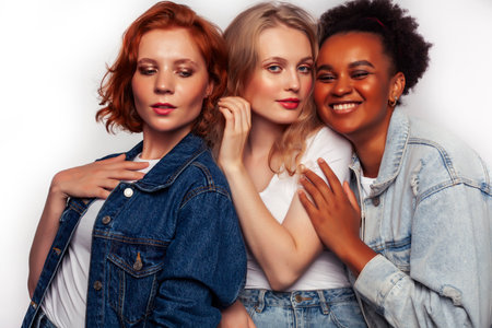 diverse multi nation girls group, teenage friends company cheerful having fun, happy smiling, cute posing isolated on white background, lifestyle people concept, african-american and caucasianの写真素材