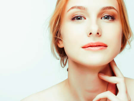 young sweet ginger woman close up isolated on white background, perfect pure innocense beautiful