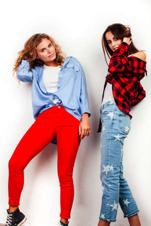 best friends teenage girls together having fun, posing emotional on white background, besties happy...
