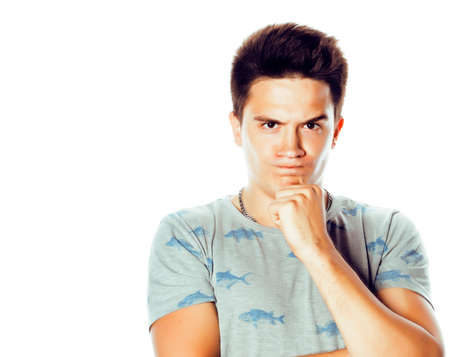 young attractive man isolated thinking emotional on white closeup gesturing smiling, lifestyle...