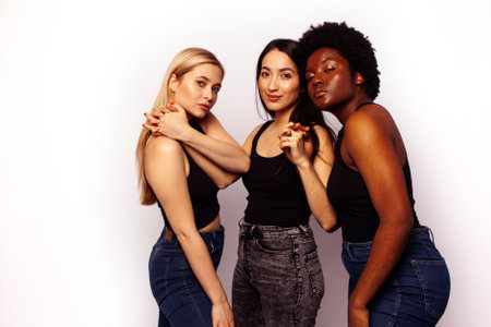 diverse multi nation girls group, teenage friends company cheerful having fun, happy smiling, cute posing isolated on white background, lifestyle people concept, african-american, asian and caucasianの写真素材