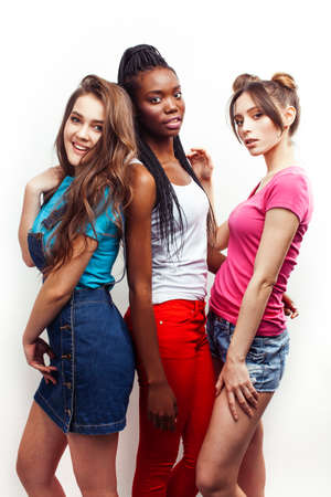 diverse multi nation girls group, teenage friends company cheerful having fun, happy smiling, cute posing isolated on white background, lifestyle people concept, african-american and caucasianの写真素材