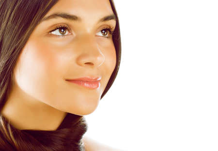 young fresh brunette tan girl with beauty hairstyle isolated on white closeup, soft spa face