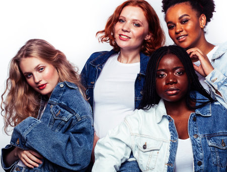 diverse multi nation girls group, teenage friends company cheerful having fun, happy smiling, cute posing isolated on white background, lifestyle people concept, african-american and caucasianの写真素材