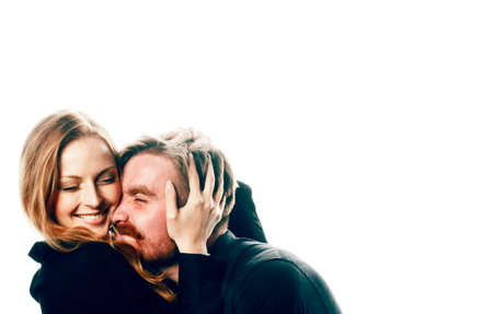 young tender couple, man and woman in love isolated on white, fooling around real modern hipster...