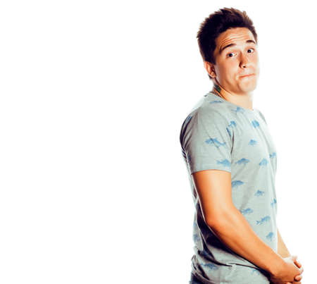 young attractive man isolated thinking emotional on white close up gesturing smiling, lifestyle people conceptの写真素材