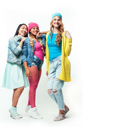 diverse nation girls group, teenage friends company cheerful having fun, happy smiling, cute posing isolated on white background, lifestyle people conceptの写真素材