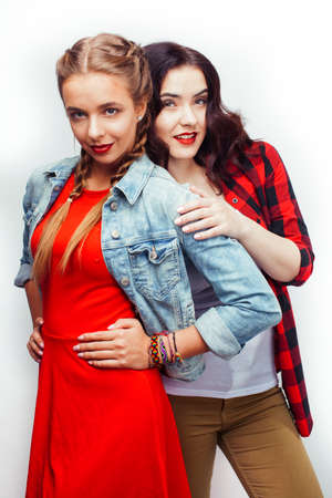 best friends teenage girls together having fun, posing emotional on white background, besties happy...