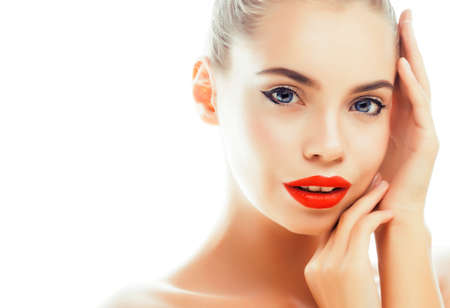 young pretty brunette real woman close up isolated on white background. Fancy fashion makeup, natural look spaの写真素材