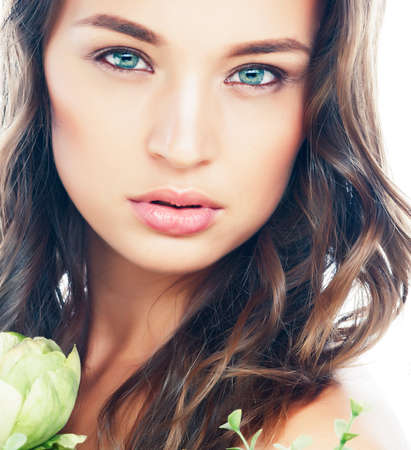 young sweet brunette woman close up isolated on white background, perfect pure innocense beautifulの写真素材